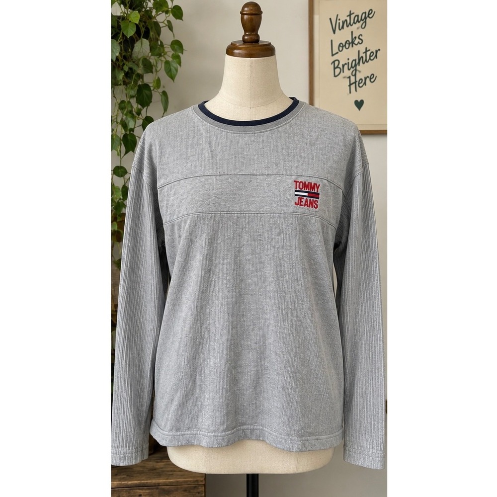 Tommy Jeans Mens Grey Ribbed Long Sleeve Embroidered Logo T-Shirt Large